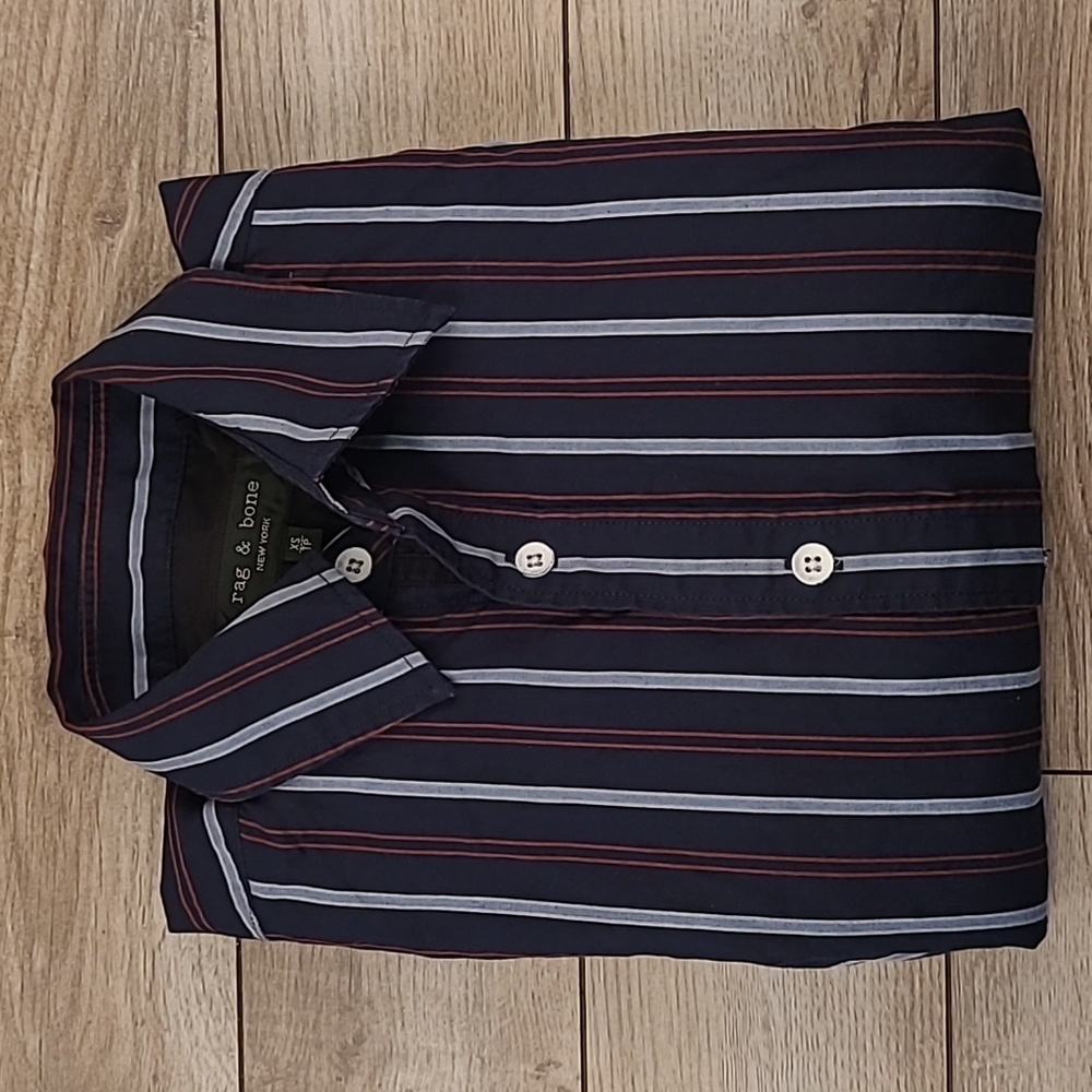 RAG & BONE Navy Red Blue Striped Cotton Sz XS Long Sleeve Button Down Shirt